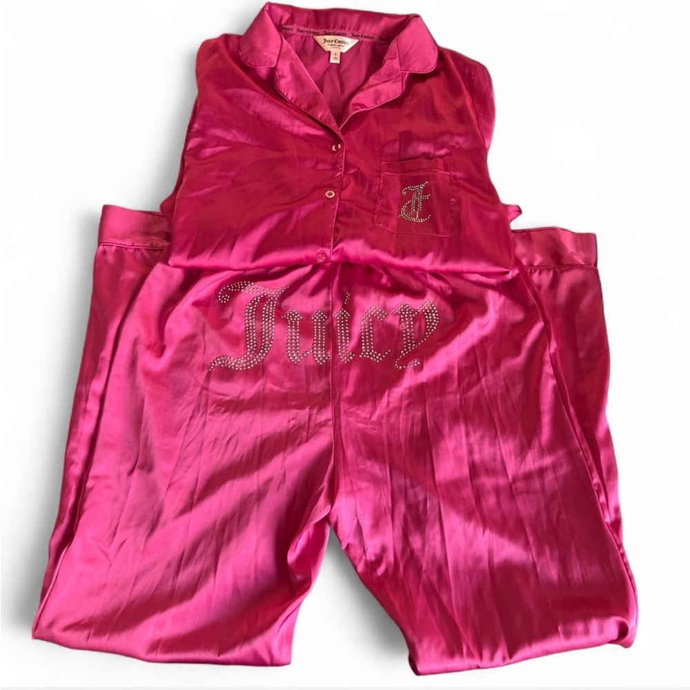 Juicy Couture Pink Long Sleeve Satin Rhinestone Pajama Set - Picture 4 of 4